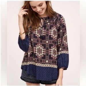 Anthropologie Mosaic Blouse in Blue and Cream